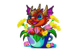 Baby Dragon in Teacup with Flowers Embroidery Design