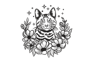 Blackwork Floral Cat Embroidery Design