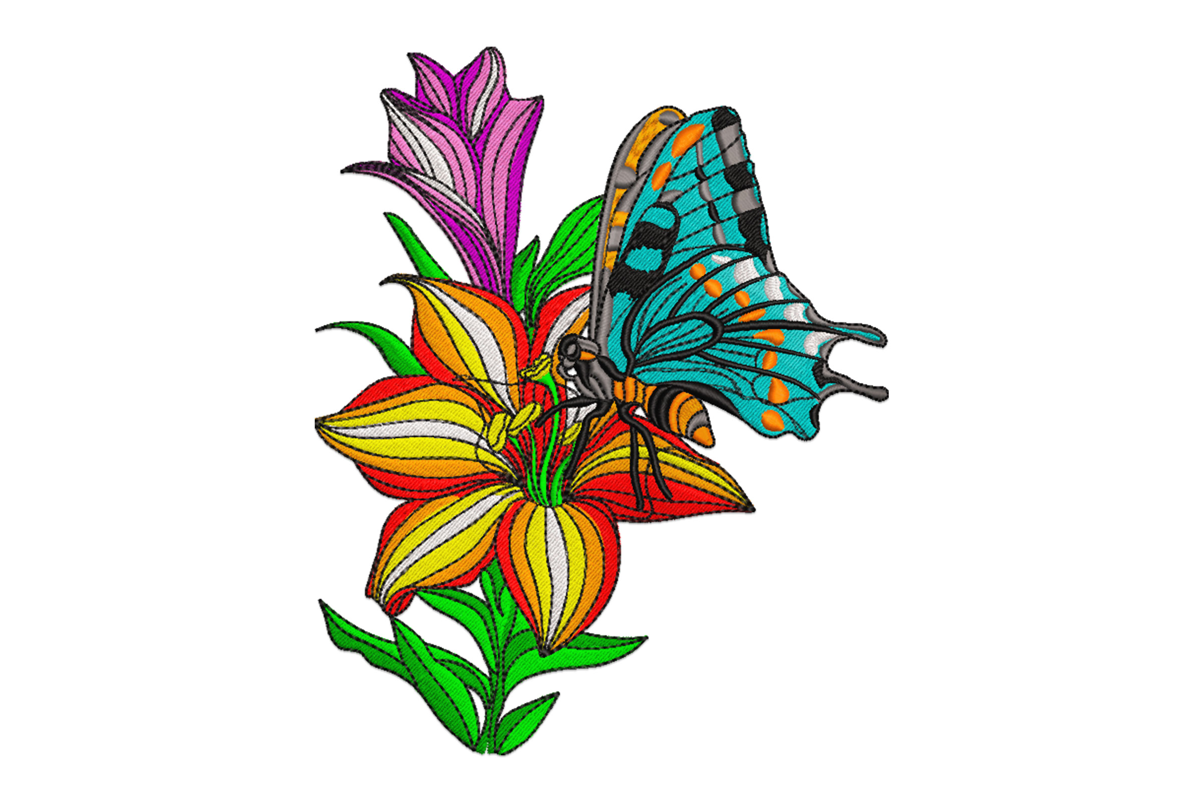 Butterfly on Tropical Flowers Embroidery Design