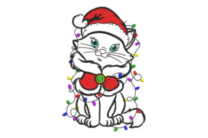 Christmas Cat in Santa Suit with Lights Embroidery Design