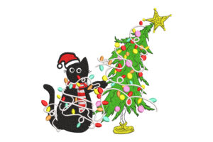 Christmas Cat with Lights and Tree Embroidery Design