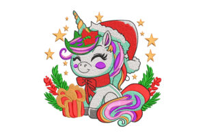 Christmas Unicorn with Gifts and Stars Embroidery Design