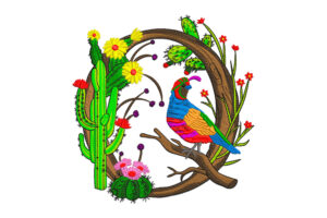 Desert Bird with Cactus Floral Frame Embroidery Design