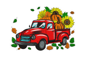 Fall Red Truck with Pumpkins & Sunflowers Embroidery Design