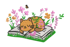 Floral Cat on Open Book Embroidery Design
