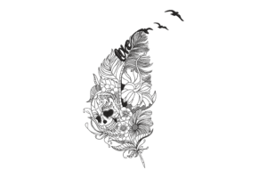 Floral Feather with Skull Embroidery Design