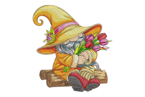 Free Spring Gnome with Tulip Bouquet Embroidery Design