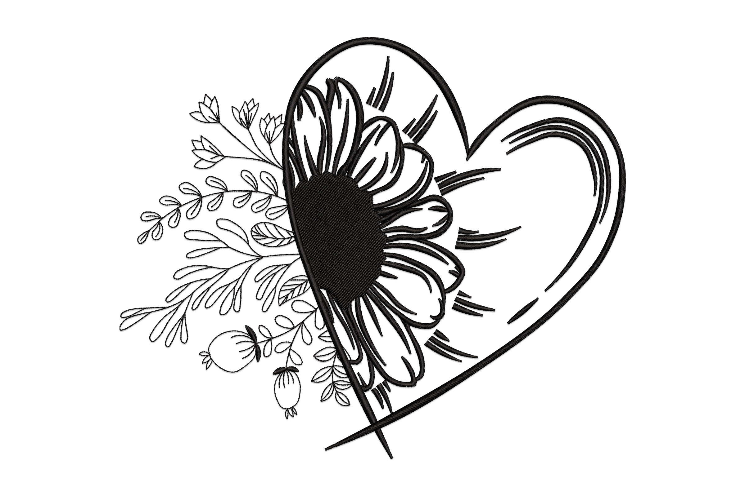 Heart and Sunflower Floral Embroidery Design