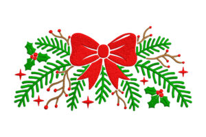 Premium Christmas Bow with Pine & Holly Embroidery Design