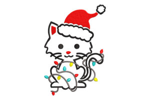 Premium Christmas Cat with Santa Hat & Lights Embroidery Design