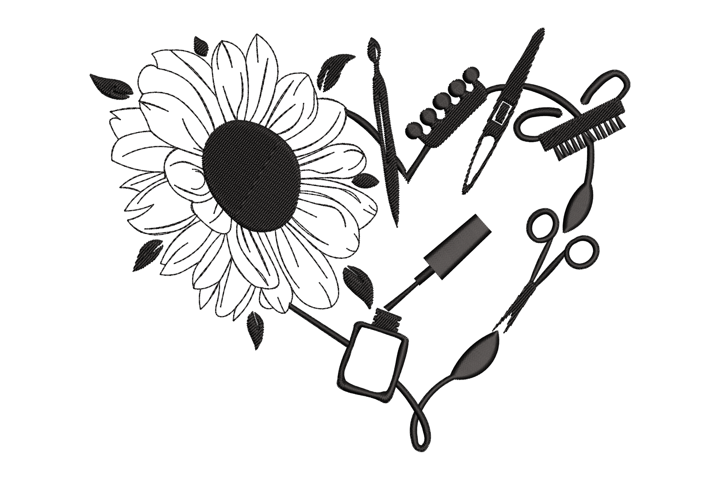 Sunflower & Beauty Tools Heart Embroidery Design