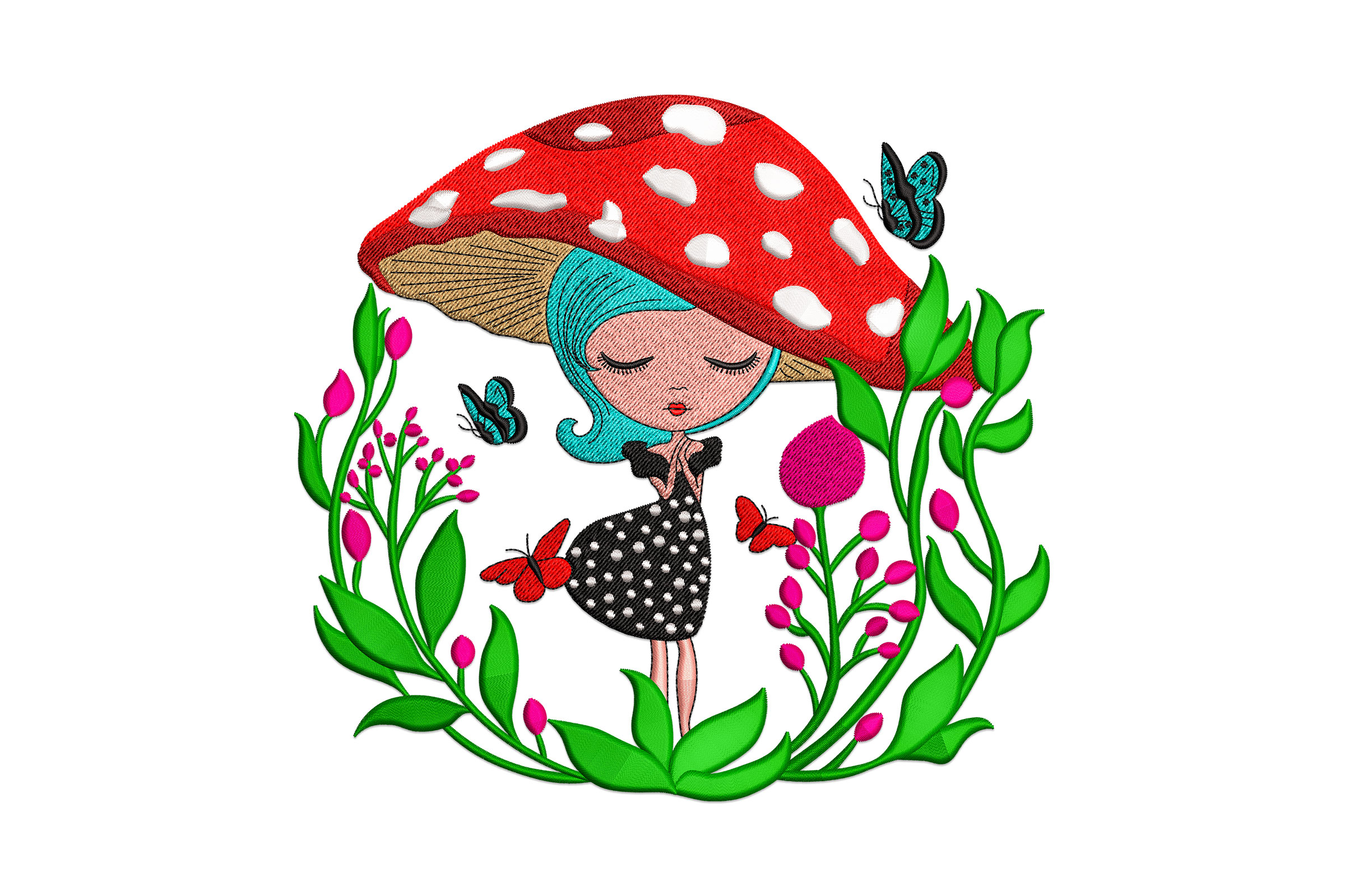 Free Whimsical Girl Under Mushroom Embroidery Design