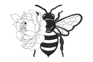 Bee and Peony Blackwork Embroidery Design