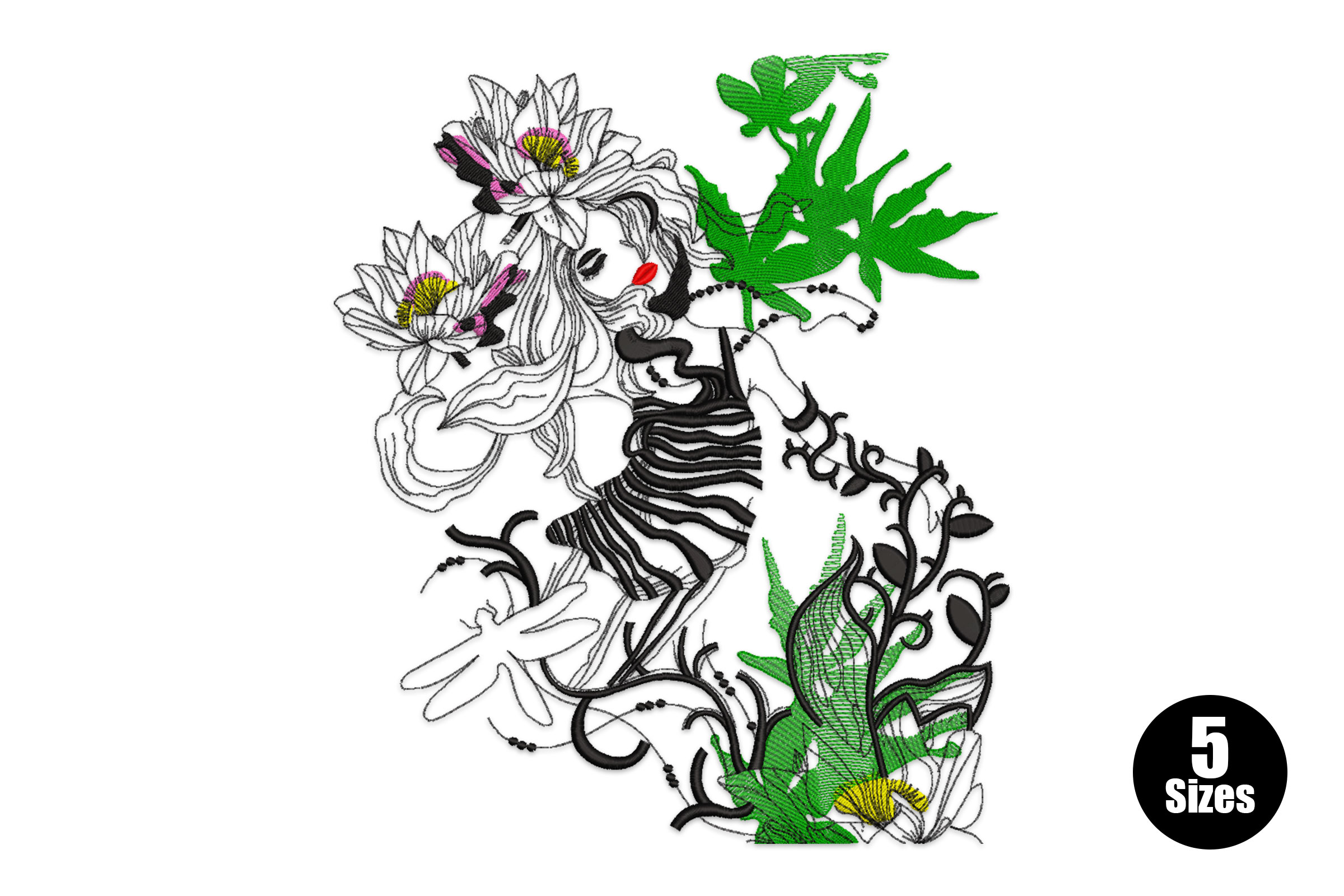 Botanical Girl with Floral Hair Embroidery Design