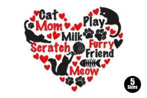 Cat Mom Word Art Heart Embroidery Design