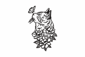 Cat with Butterfly and Flowers Embroidery Design