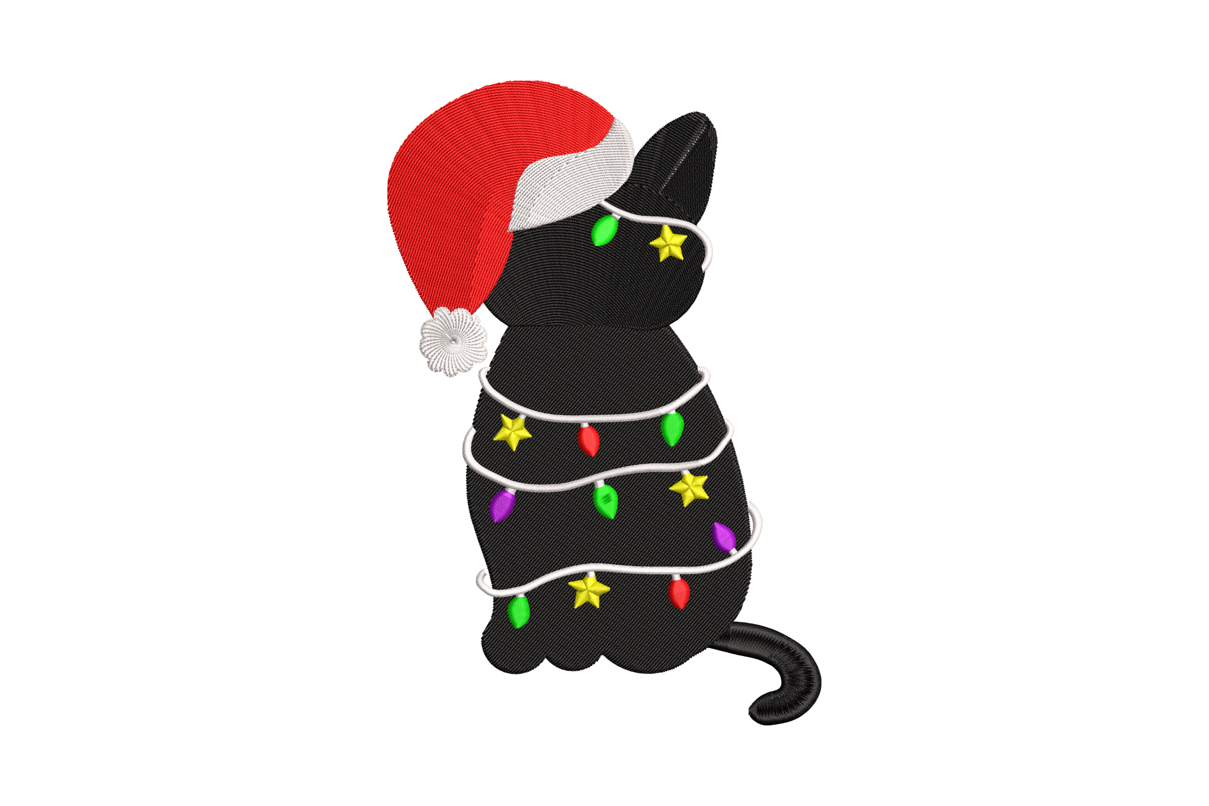 Free Christmas Black Cat Wrapped in Lights Embroidery Design