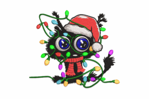 Christmas Cat Tangled in Lights Machine Embroidery Design