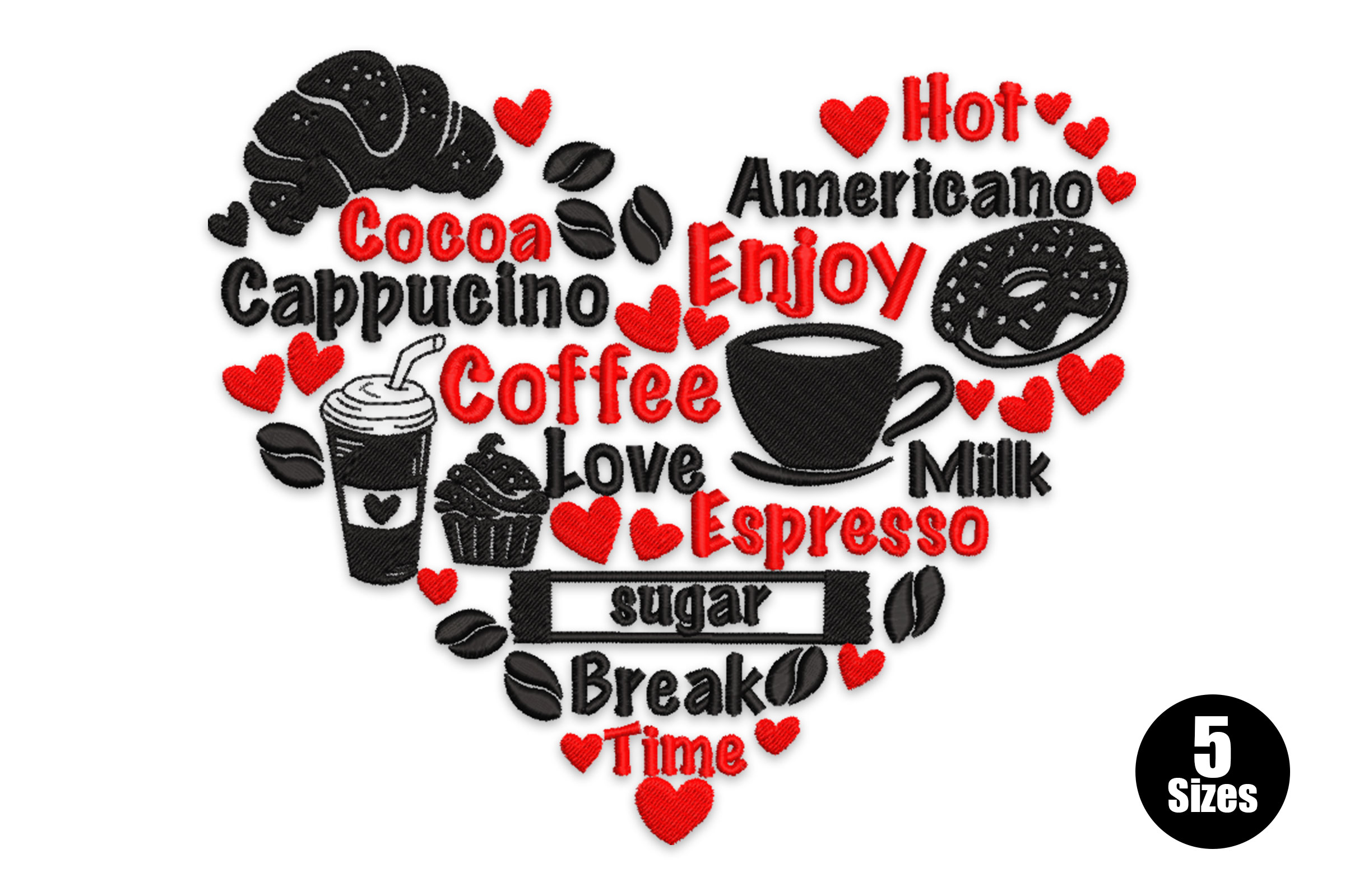 Coffee Word Art Heart Embroidery Design