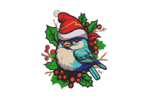 Free Christmas Bluebird with Santa Hat Embroidery Design