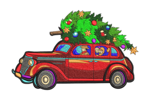 Free Vintage Car Carrying Christmas Tree Embroidery Design