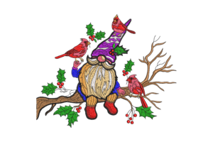 Gnome with Cardinals on Tree Branch Embroidery Design