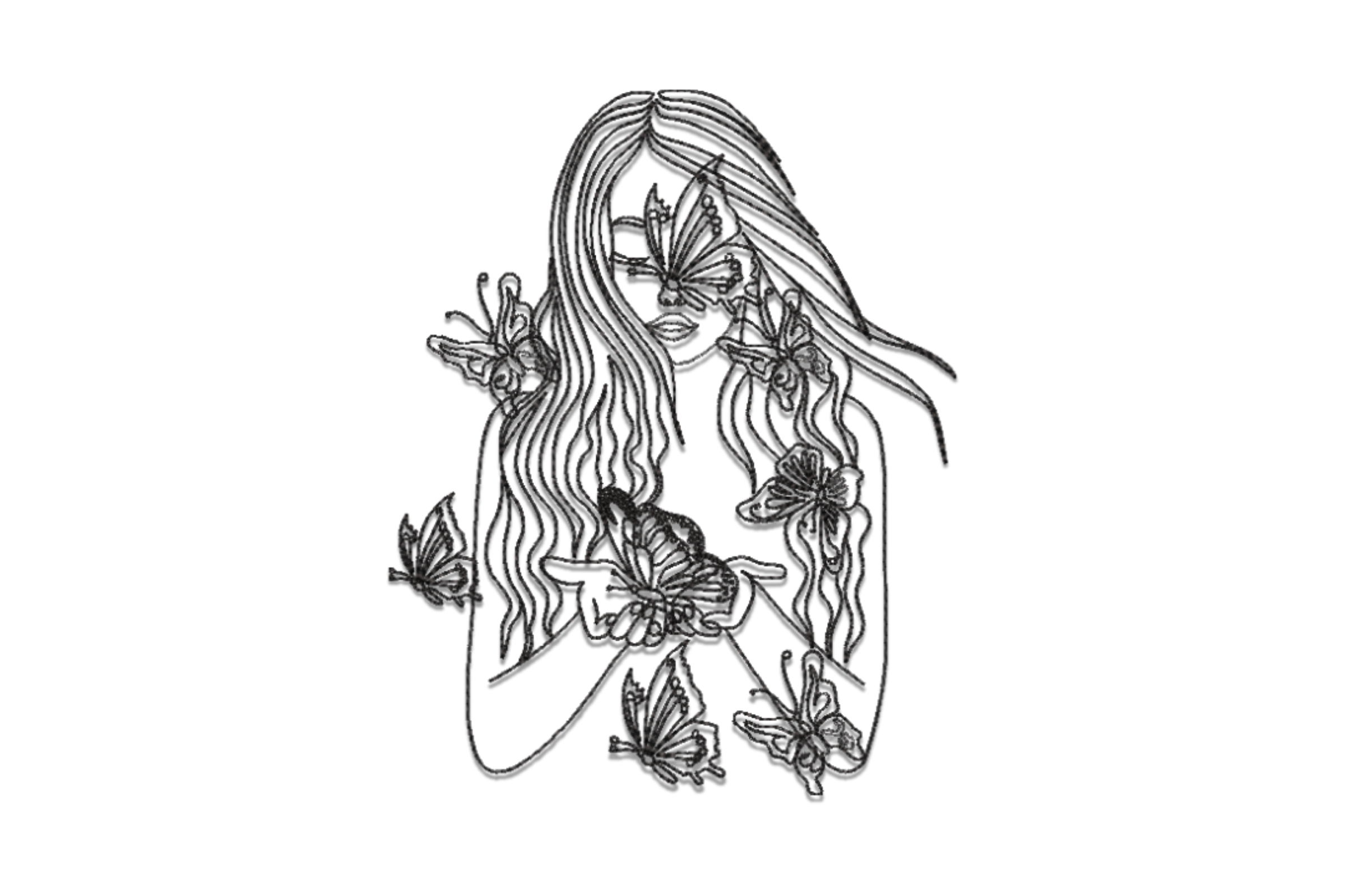 Graceful Butterfly Girl Line Art Embroidery Design
