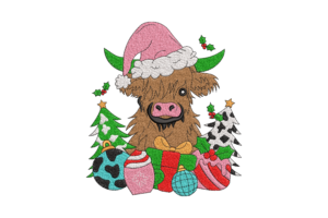 Highland Cow Christmas Embroidery Design