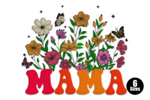 MAMA with Flowers and Butterflies Embroidery Design