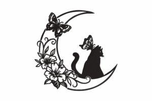 Premium Cat & Butterfly on Moon Embroidery Design