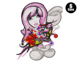 Premium Fashion Girl with Flowers Embroidery Design