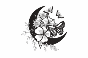 Premium Moon with Flowers & Butterflies Embroidery Design