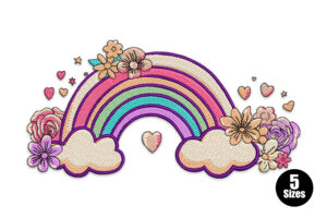 Rainbow with Flowers and Hearts Embroidery Design