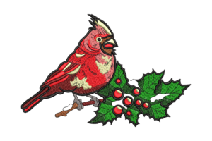 Red Cardinal on Holly Branch Embroidery Design