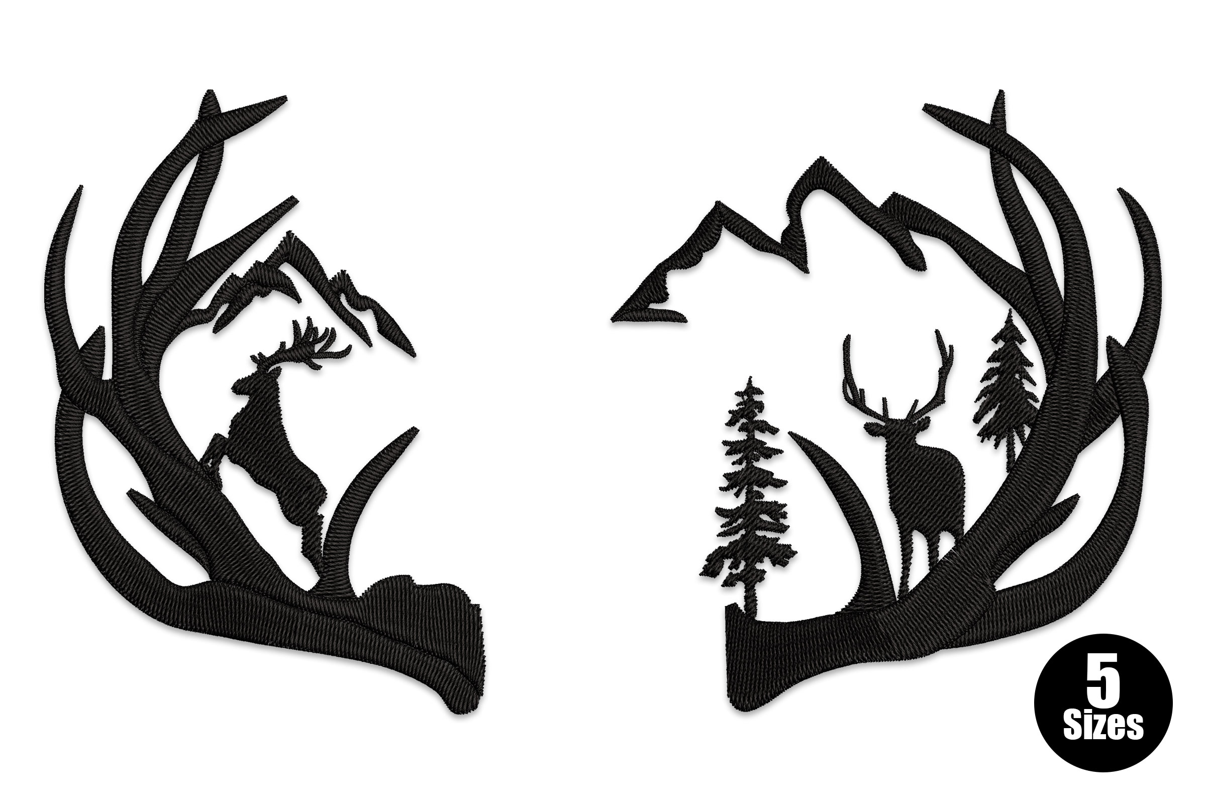 Split Deer Antlers with Mountain Scene Embroidery Design