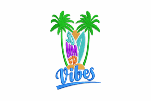 Summer Vibes With Surfboard and Palm Trees Embroidery Design