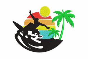 Sunset Surfing Tropical Beach Embroidery Design