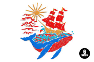 Whale with Ship and Sun Embroidery Design