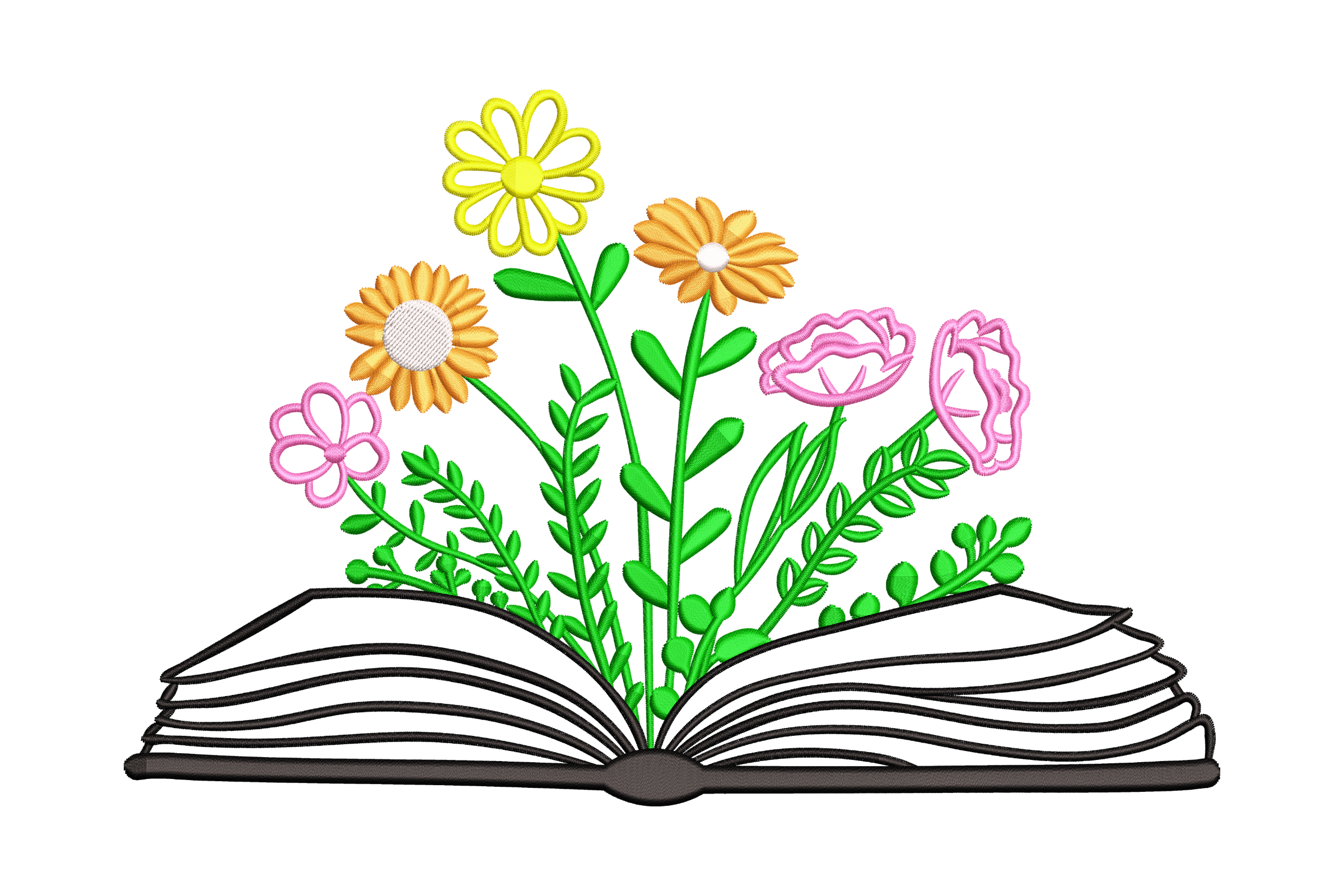 Whimsical Floral Book Embroidery Design