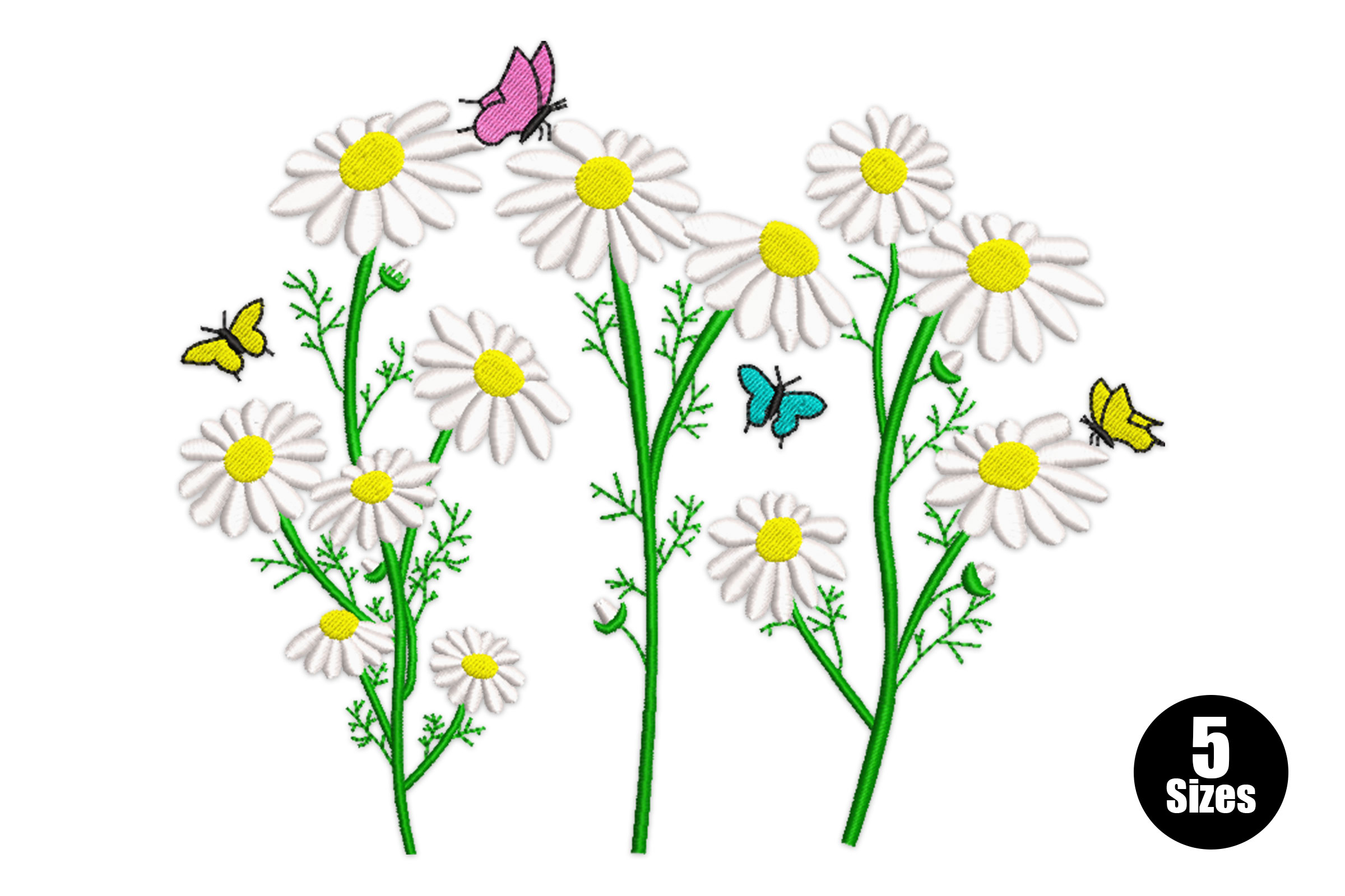 White Daisies with Butterflies Embroidery Design