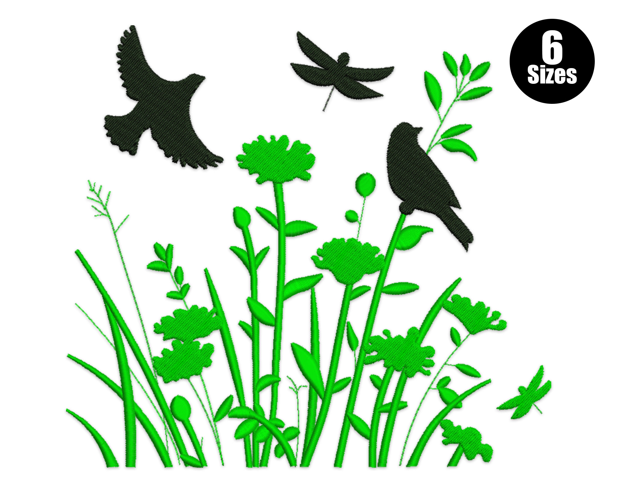 Wildflowers with Birds & Dragonflies Embroidery Design