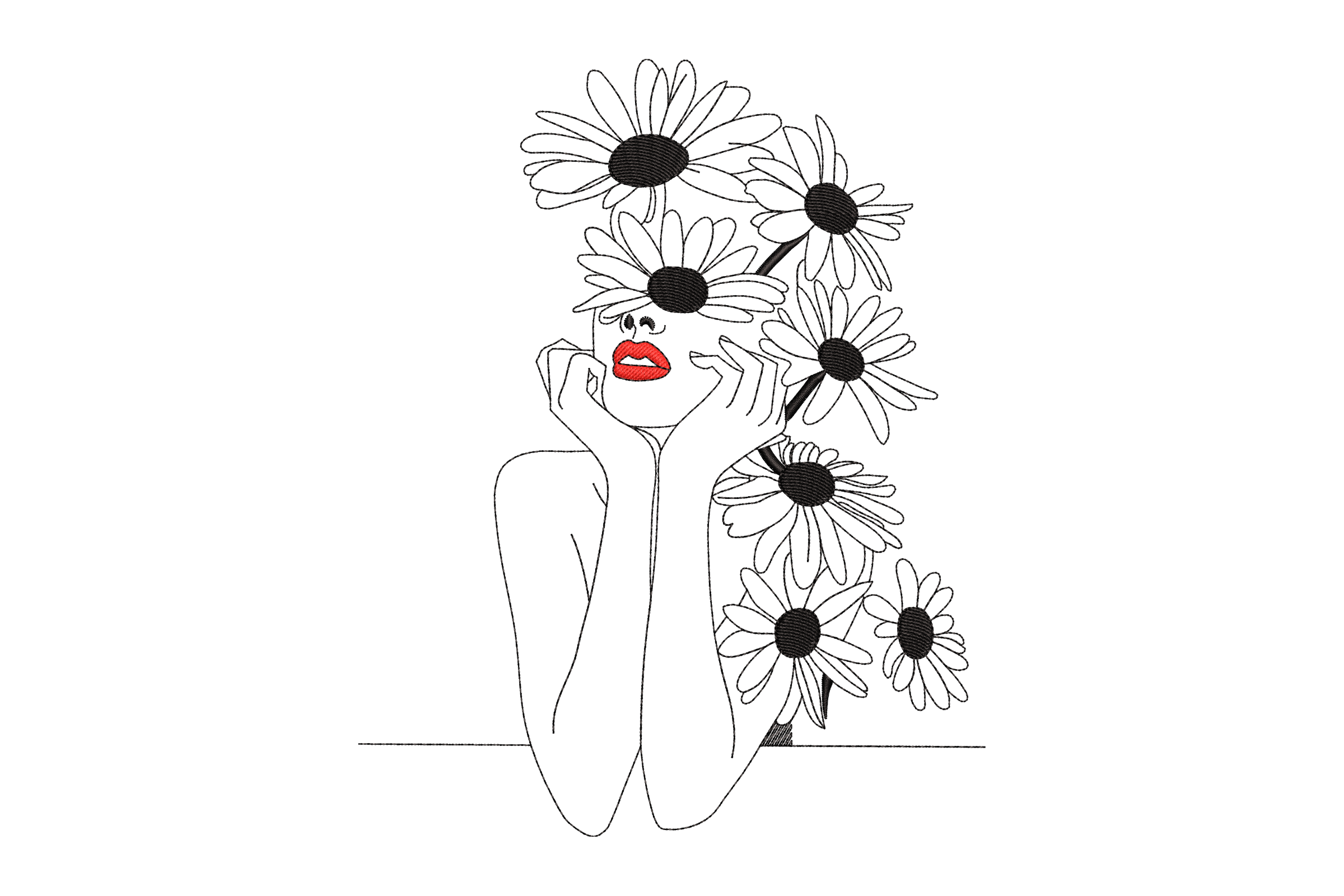 Abstract Floral Face with Red Lips Embroidery Design