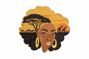 African Woman with Safari Landscape Embroidery Design