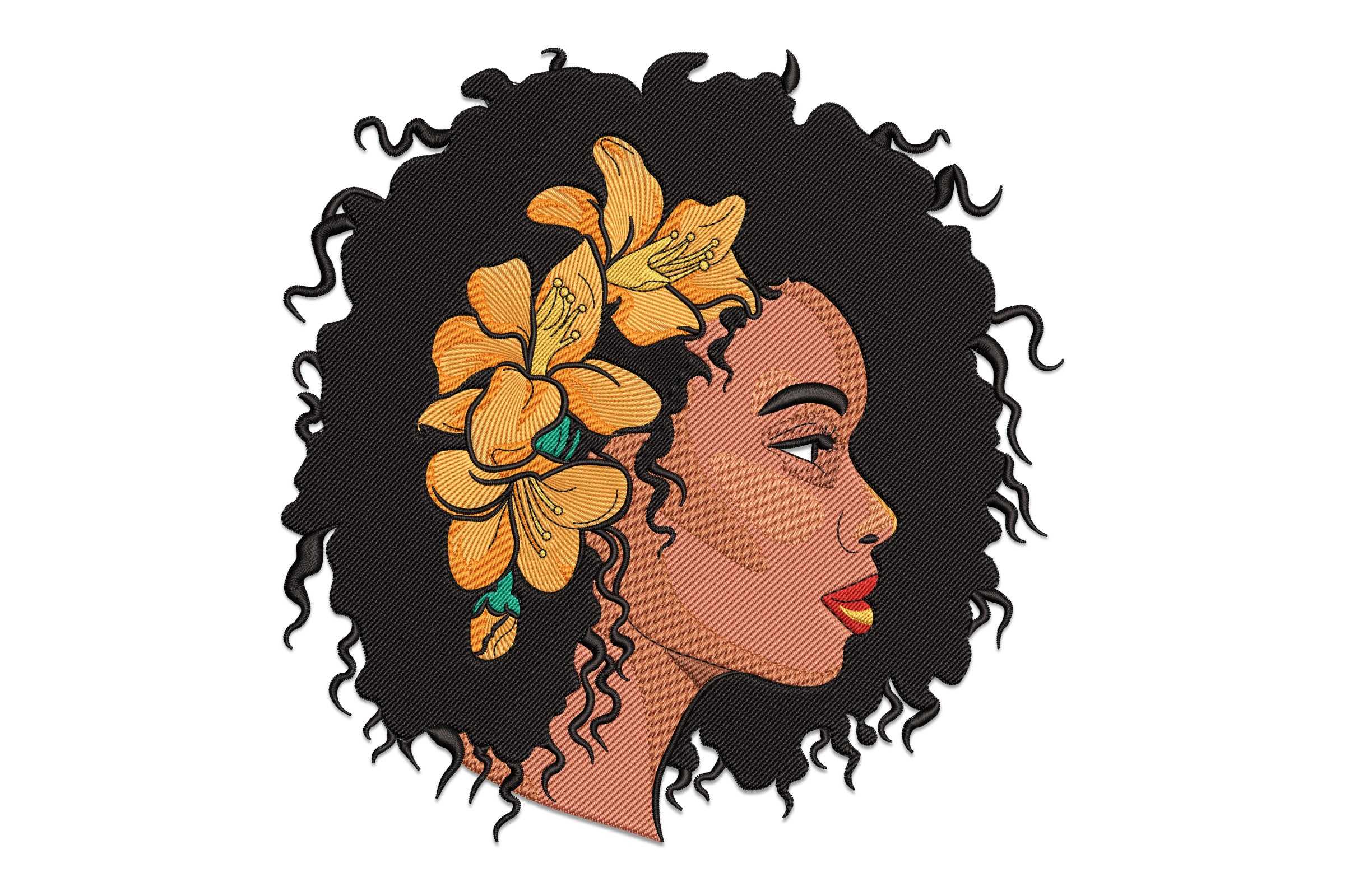 Afro Woman with Yellow Flowers Embroidery Design