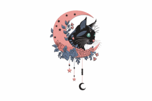 Black Cat with Crescent Moon Embroidery Design