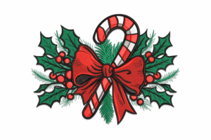 Candy Cane with Holly and Bow Embroidery Design