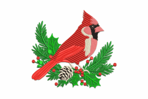 Cardinal Bird with Pine and Holly Embroidery Design