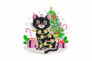 Christmas Cat with Tree Embroidery Design