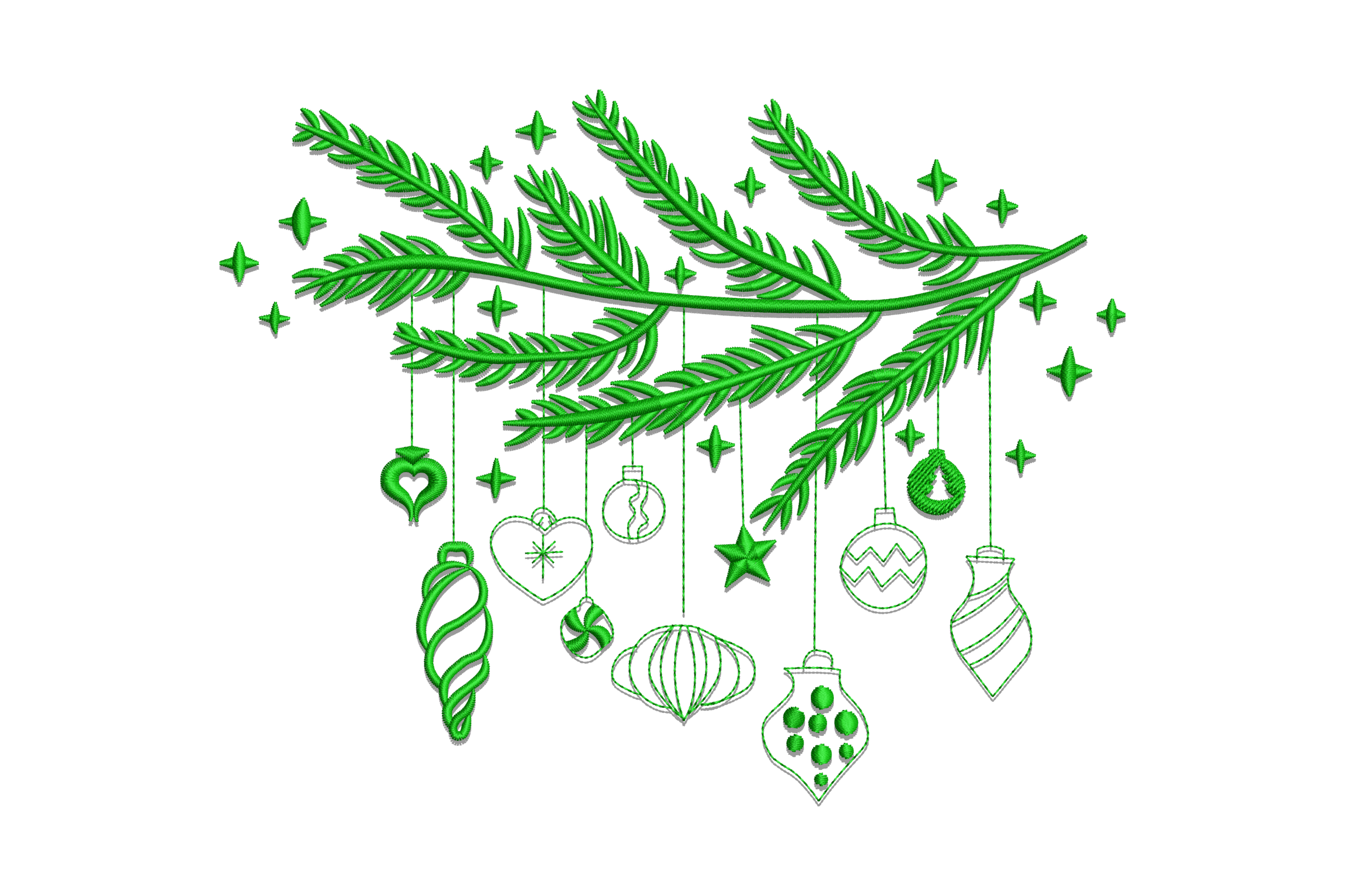 Free Christmas Ornaments Hanging on Pine Branch Embroidery Design