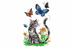 Curious Cat with Butterflies Embroidery Design